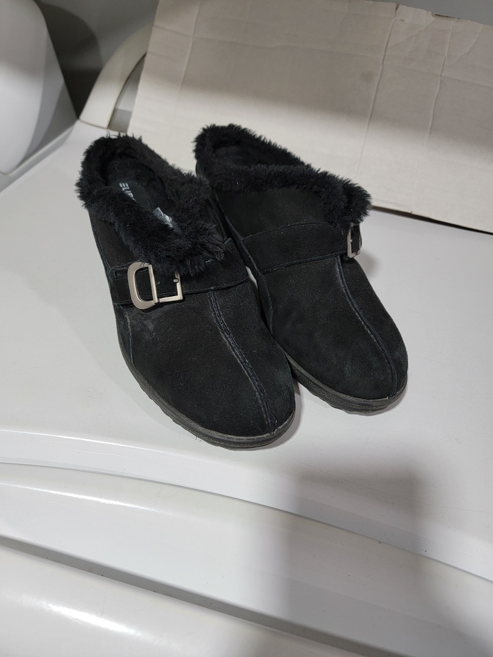 Euro Step-:Black Suede Faux Fur Mules-size 11